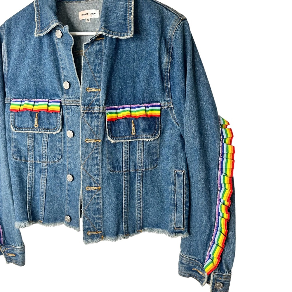 Sunset & Spring Bloomingdales Rainbow Ruffle Denim Jacket XS - Picture 2 of 5